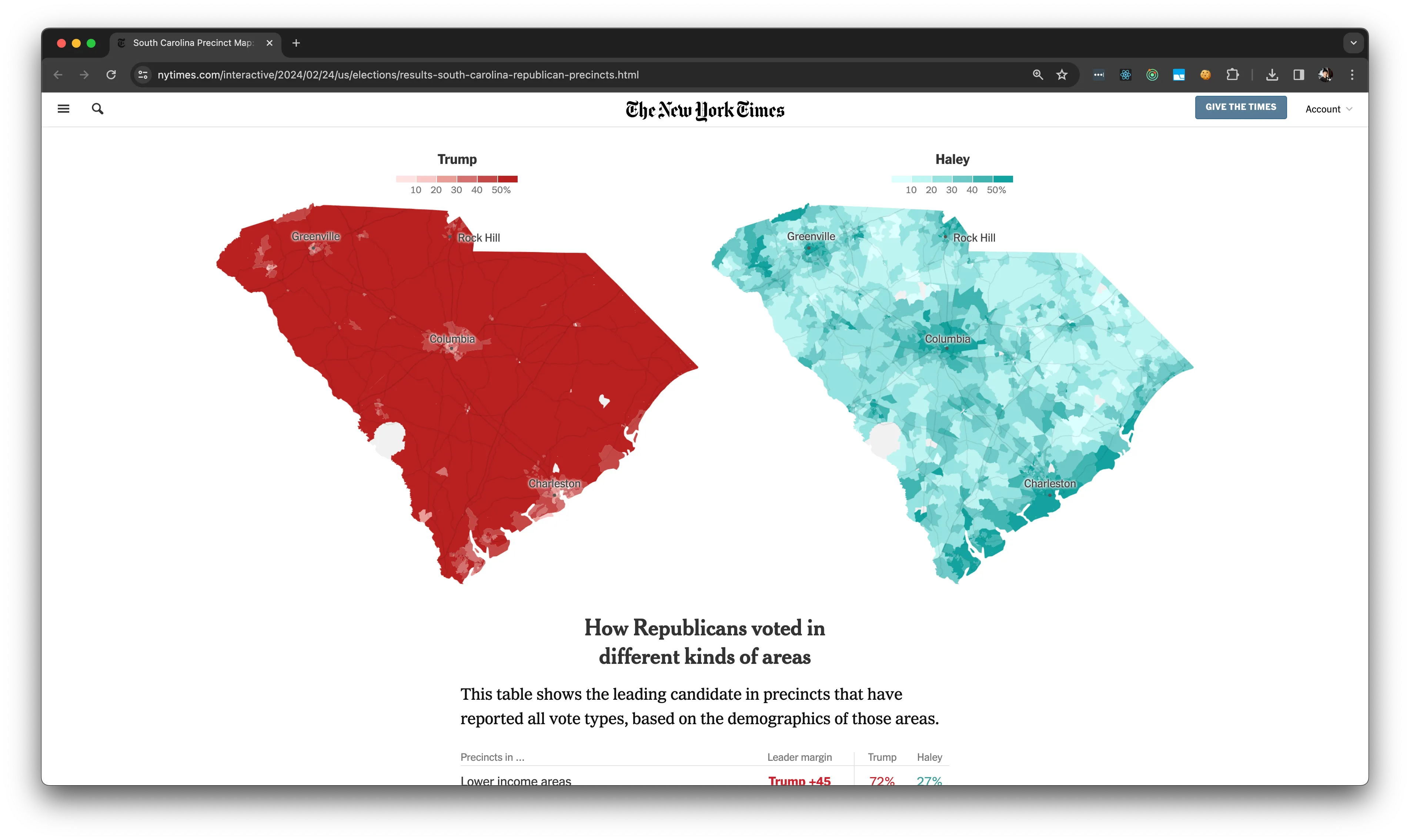Maps comparing Trump and Haley vote shares