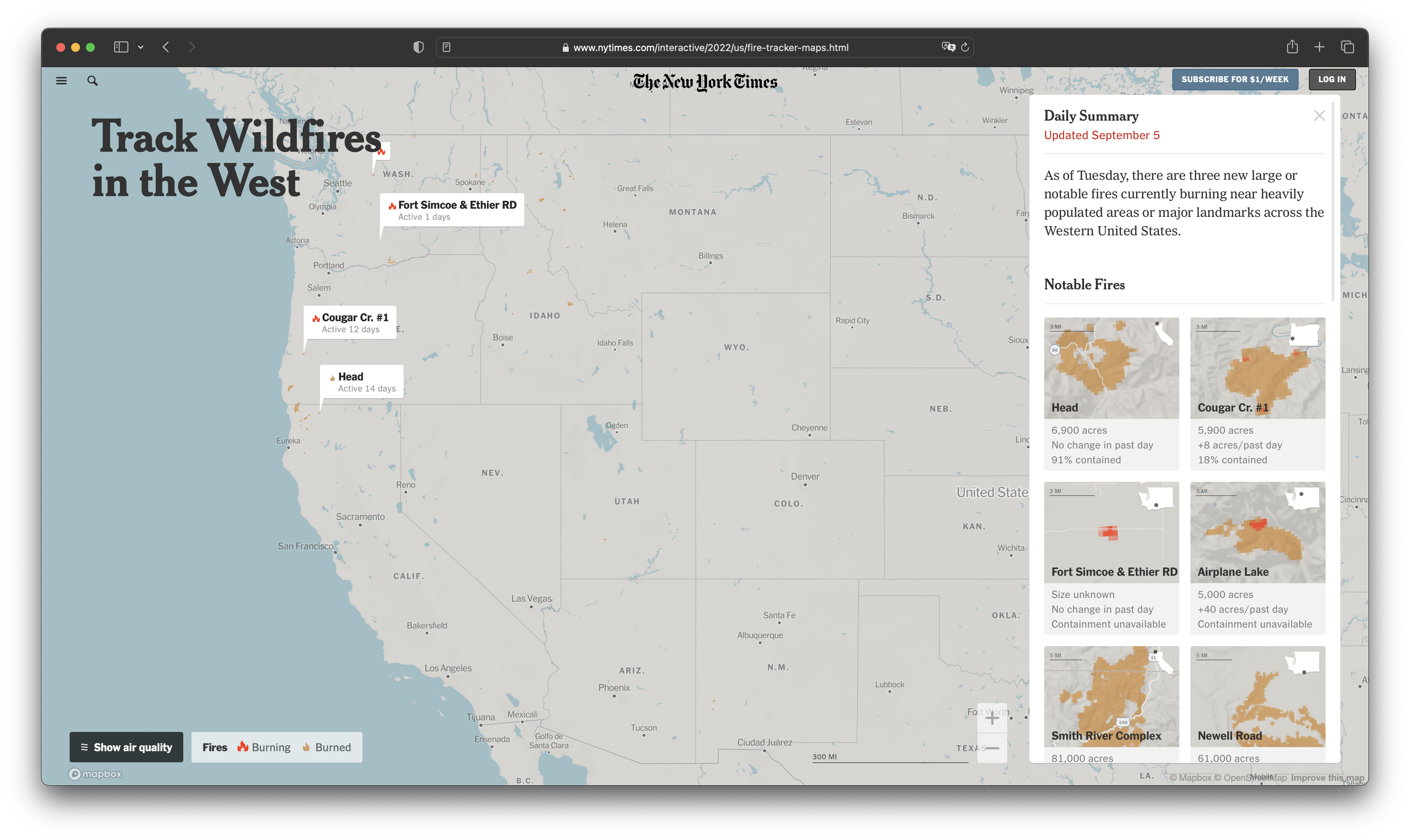Screenshot of web app of wildfire tracker from September 2023