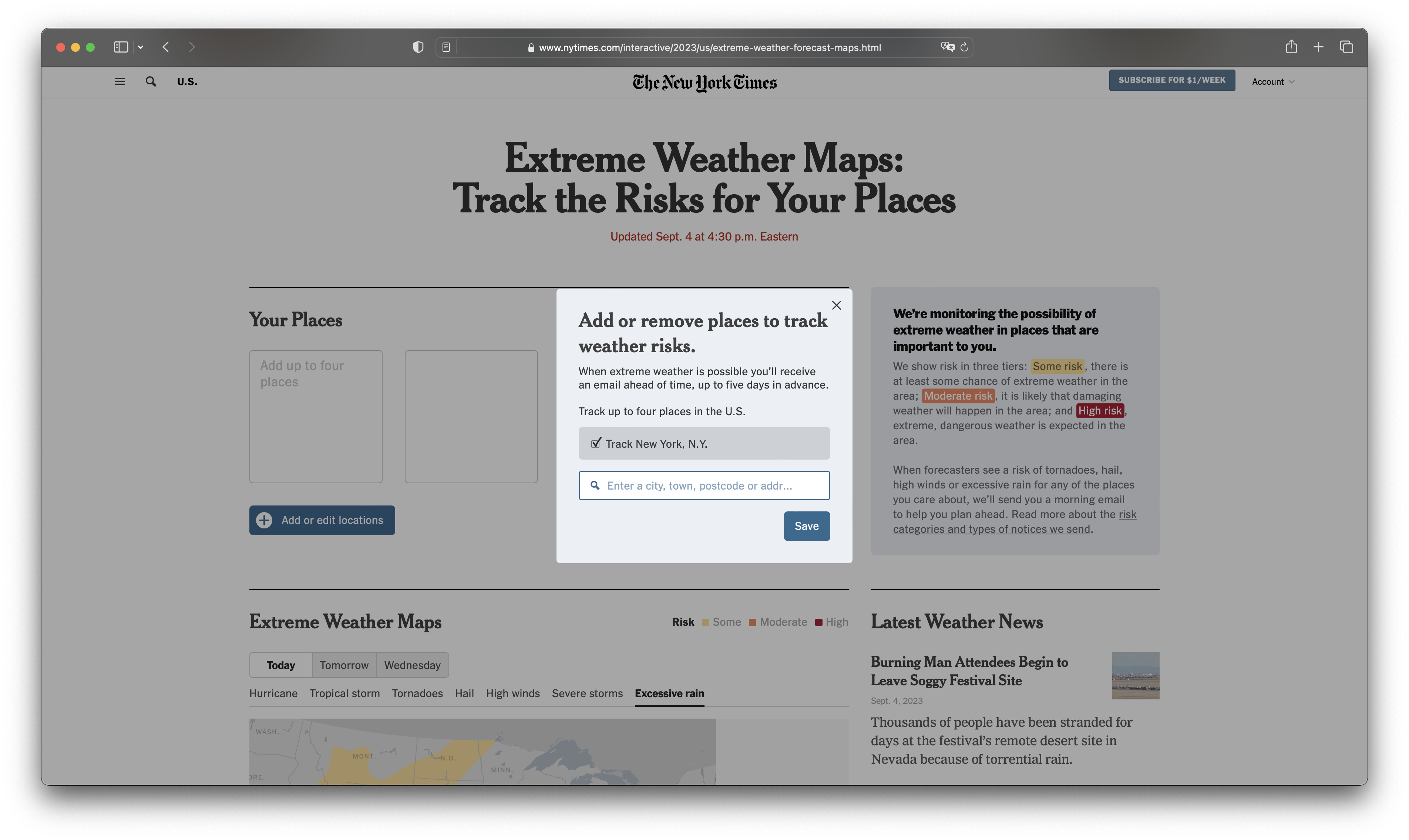 Screenshot of web app showing a modal the allows readers to select places to track